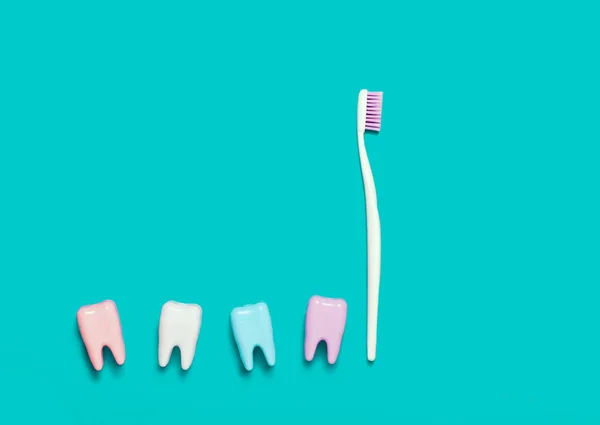 Toothbrush Many Teeth Blue Background Teeth Care Minimalism Concept Toothbrush — Stock Photo, Image