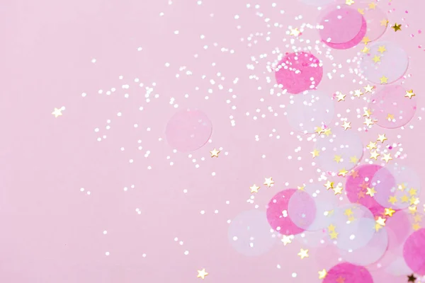 Roze Pastel Confetti Sparkles Achtergrond Gouden Sterren Licht Feestelijk Top — Stockfoto