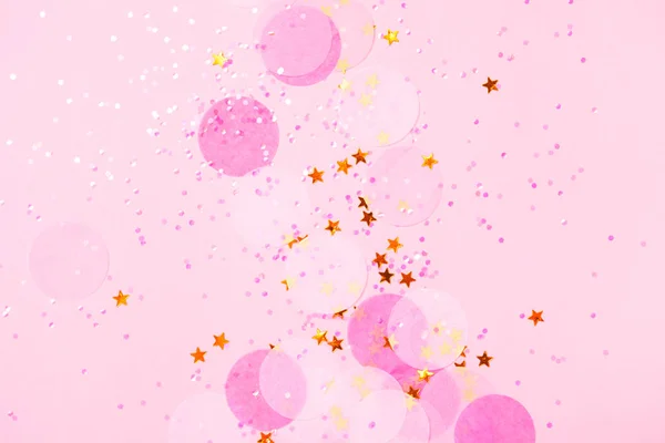 Розовые Конфетти Звезды Искры Розовом Фоне Вид Сверху Плоский Копировальное — стоковое фото