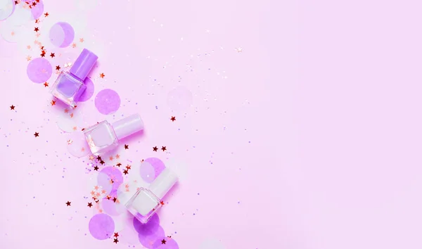 Pastel Roze Nail Poetsmiddelen Confetti Sterren Schittert Heldere Feestelijke Achtergrond — Stockfoto