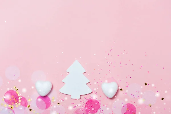 Ano Novo Cartão Saudação Cores Rosa Com Confete Árvore Natal — Fotografia de Stock