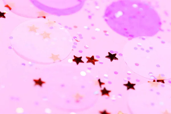 Roze Confetti Sterren Schittert Roze Achtergrond Bovenaanzicht Plat Lag Copyspace — Stockfoto
