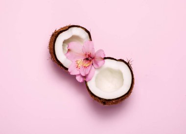 Pembe arka plan üzerinde tropik çiçekler ile Kırık hindistan cevizi.