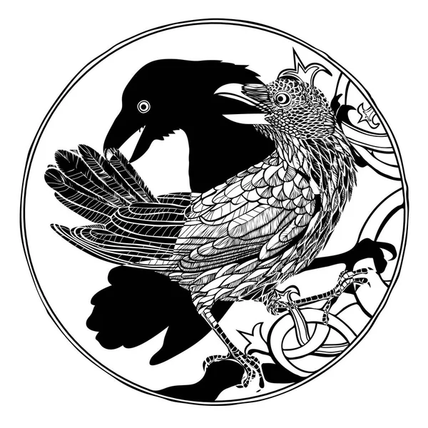 Illustration Vectorielle Corbeau Ombre Gravés Noir Blanc — Image vectorielle