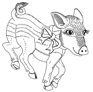 Gravür, nakış, bir ağaç ve diğer yaratıcı dışarı yanma için şerit siyah beyaz çizgi çizim şablonu ile domuz 