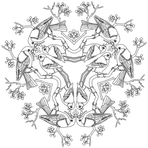 Bullfinch Aves Mandala Vetor Ilustração Gravura Preto Branco — Vetor de Stock