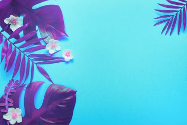 Tropikal Monstera ve palmiye canlı kalın degrade holografik renklerde kalkıyor. Konsept sanat. En az Sürrealizm