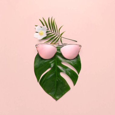 Tropikal plaj kavramı. Moda hippi Monstera trendy gözlük. Yaratıcı poster, pembe pastel arka plan