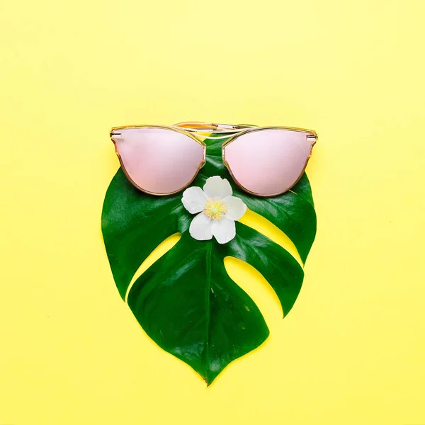 Concepto divertido de verano. Monstera hipster de moda en gafas de moda. Cartel creativo, fondo amarillo brillante . — Foto de Stock