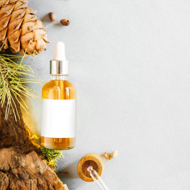 Organik bio kozmetik bitkisel maddeler ile. Cilt bakımı için doğal yağlar. Sedir esans bir cam şişe. Mockup