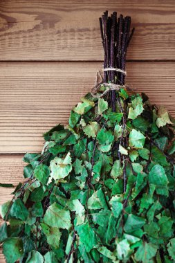 Huş süpürge russain banyo ahşap bir duvara asılı