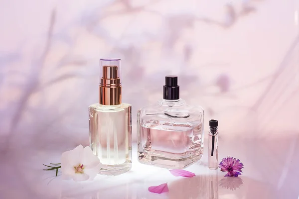 Flaconi di profumo diversi e campionatore con piante su sfondo floreale rosa. Concentrazione selettiva. Collezione di profumi , — Foto Stock