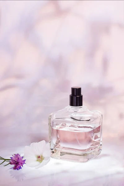Flakon perfum z roślinami na jasnym tle różowy kwiatowy. Selektywny fokus. Perfumy kolekcja, kosmetyki — Zdjęcie stockowe