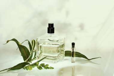 Parfüm şişesi ve örnekleyici ile bitkiler doğal yeşil bir arka plan üzerinde. Seçici odak. Parfümeri koleksiyonu, kozmetik