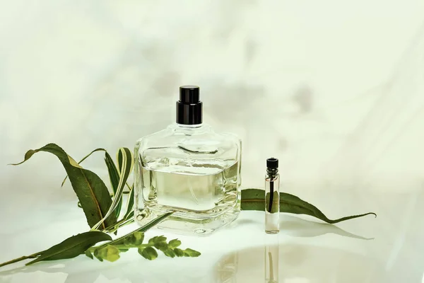 Άρωμα μπουκάλι και sampler με φυτά σε φυσικό πράσινο φόντο. Επιλεκτική εστίαση. Συλλογή αρωμάτων, καλλυντικά — Φωτογραφία Αρχείου
