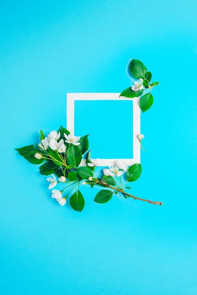 Diseño creativo con el manzano en flor sobre un fondo azul. Acostado. Concepto - minimalismo de primavera — Foto de Stock