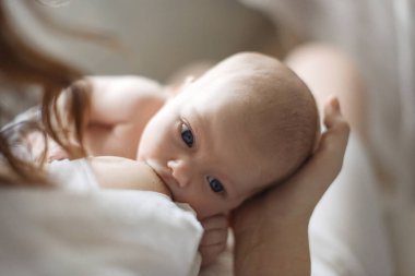 Emzirme. Kızıl saçlı güzel anne yeni doğmuş bir bebeği emzirir. Doğal görünümlü fotoğraflar