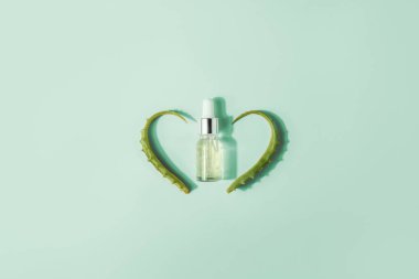 Serum ile şişe, Aloe Vera yaprakları ile özü. Yüz ve vücut için kozmetik prosedürler