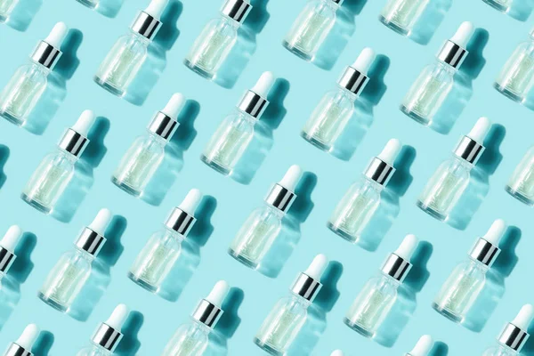 Pattern of their transparent bottles with cosmetic. Concept of injection is hyaluronic acid, botulin — Stock Photo, Image