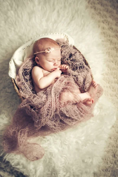Bir sepet içinde uyuyan yenidoğan bebek kız. Konsept çekim yenidoğanlar, masumiyet — Stok fotoğraf