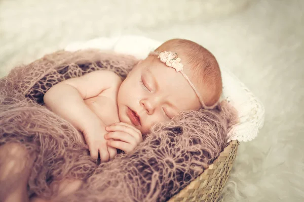 Новорожденная девочка спит в корзине. Концепция стрельбы новорожденных, невинность — стоковое фото