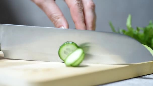 Female chef slicing fresh cucumber with a knife on wooden board, vegetables — Stock Video