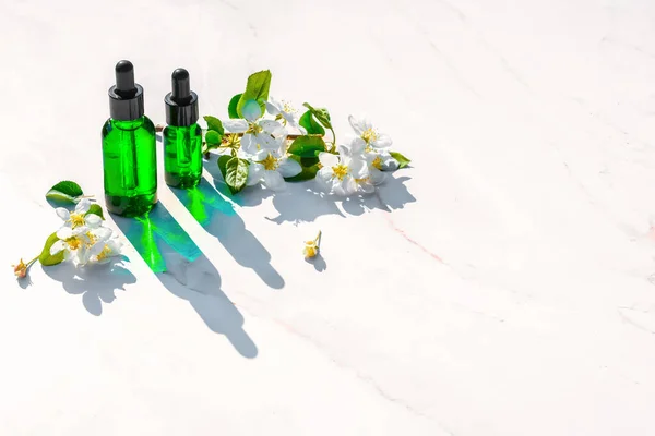 Serum with herbal extracts for skincare. Flat Lay minimalism