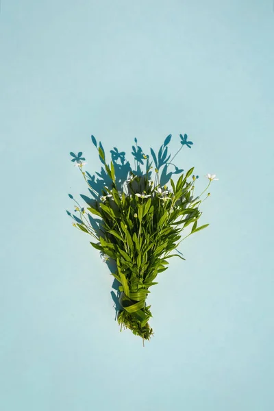 Delicado ramo de pequeñas flores sobre fondo azul. Plano lay concepto de verano — Foto de Stock