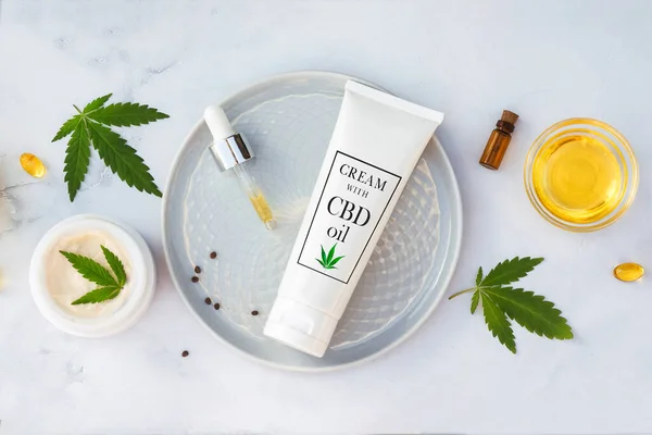 Cosmetics CBD oil. Cosmetic Products with cannabis Oil, tincture Flat lay