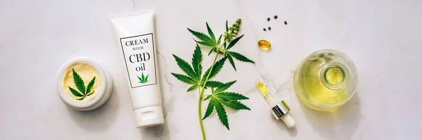 Cosmetics CBD oil. Cosmetic Products with cannabis Oil, tincture Flat lay — Stock Photo, Image