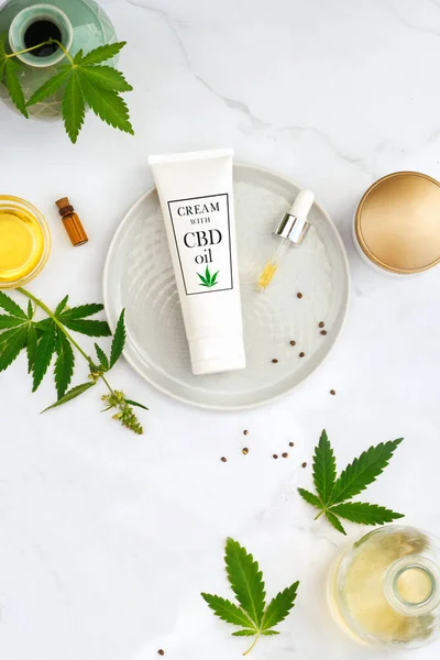 Cosmetics CBD oil. Cosmetic Products with cannabis Oil, tincture Flat lay