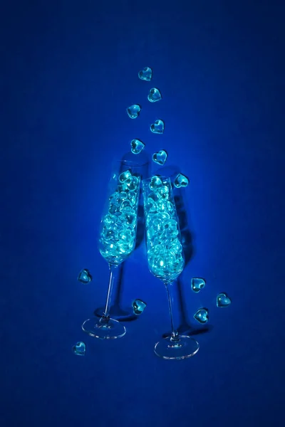 Festive Classically Blue Background Party Celebration Champagne Glasses Filled Blue — Stock Photo, Image