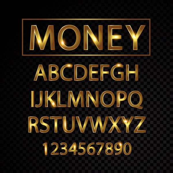 Gold vector alphabet letters and numbers isolated on black background — Stock Vector