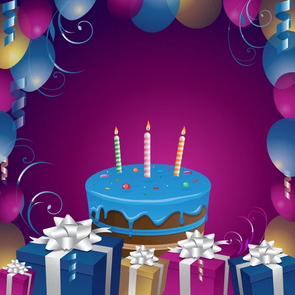 Krásný dort a dárky k narozeninám pozadí vektorové ilustrace Klipart — Stockový vektor
