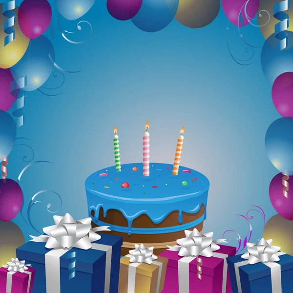 Hermoso pastel y regalos cumpleaños fondo vector ilustración clip arte — Vector de stock