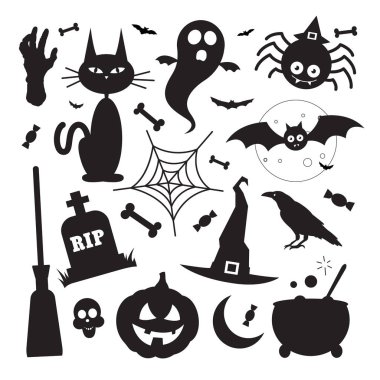 Siyah siluet Cadılar Bayramı vektör öğeleri Icons set