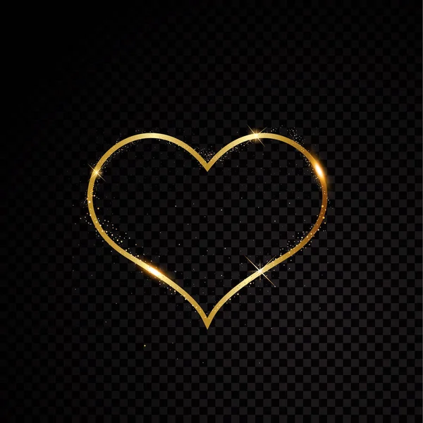 Corazón de San Valentín brillo marco dorado. Aislado sobre fondo negro transparente. Ilustración vectorial — Vector de stock