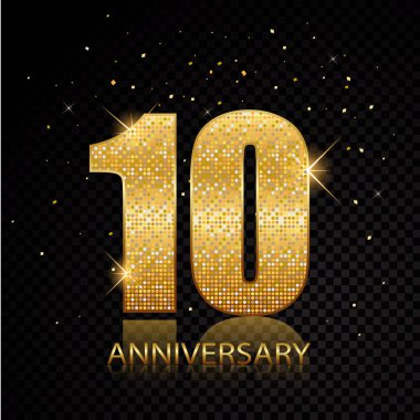 10 yıldönümü altın numara siyah şeffaf arka plan üzerinde izole. Vektör çizim