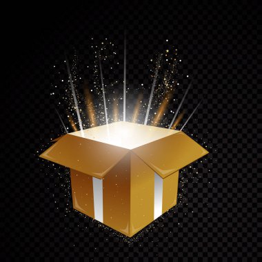 Altın vektör 3d hediye kutusu parlak sarmal yıldız tozu iz köpüklü parçacıkları üzerinde şeffaf arka plan ile