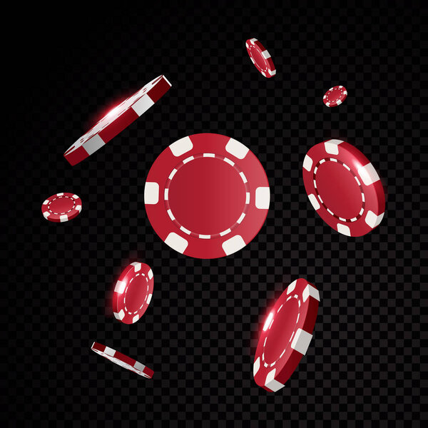 Red casino poker chips flying in front of black background