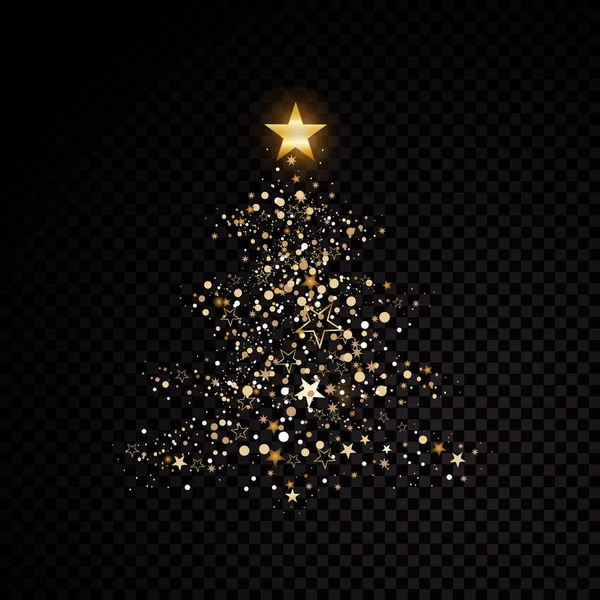 Oro brillante árbol de navidad estrella polvo partículas brillantes en transparente Vector glamour moda ilustración — Archivo Imágenes Vectoriales