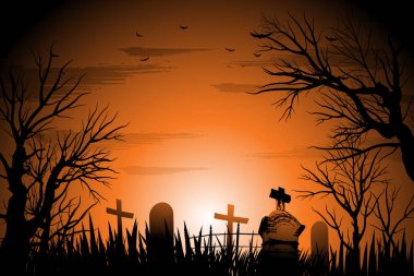 Mezarlık Cadılar Bayramı korkunç ağaçlar ve mezar taşlarıyla dolu