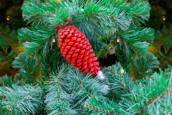 Closeup Red Painted Cone Hanging Christmas Tree Branch New Year — Stock Photo, Image