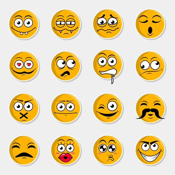 Adesivo set di simpatiche emozioni sorridenti felici, illustrazione vettoriale giallo — Vettoriale Stock