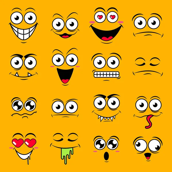 Sarı sevimli mutlu gülen duygular, vektör çizim kümesi — Stok Vektör