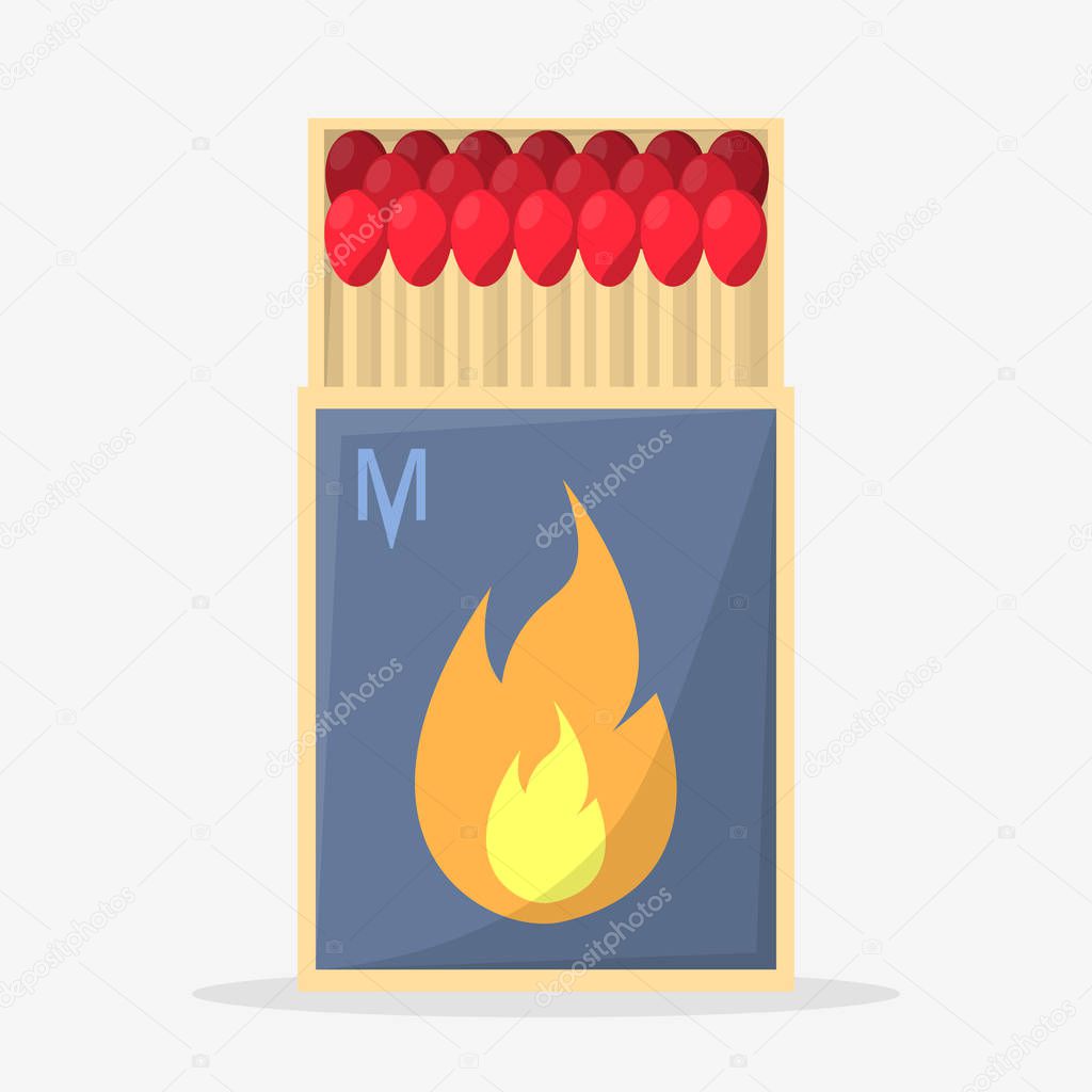 Collection of matches. Burning match with fire, opened matchbox. Flat design style.