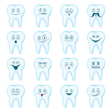 Mutlu diş ayarlayın. Sevimli diş karakter. Diş şahsiyet vektör çizim. Çocuk diş hekimliği.