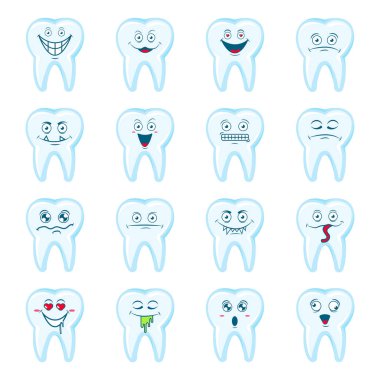 Mutlu diş ayarlayın. Sevimli diş karakter. Diş şahsiyet vektör çizim. Çocuk diş hekimliği.