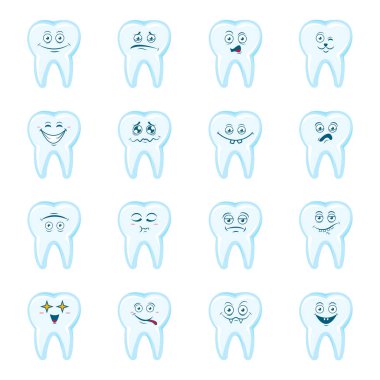 Mutlu diş ayarlayın. Sevimli diş karakter. Diş şahsiyet vektör çizim. Çocuk diş hekimliği.
