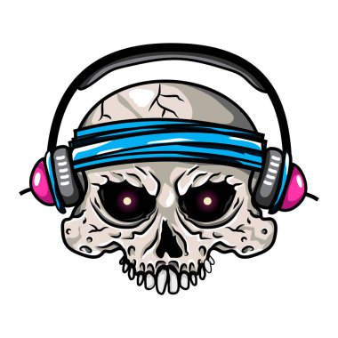 Kafatası dj vektör Illustration. Dj gün süren toplantı için gömlek tasarım. Etiket kafatası dj gün